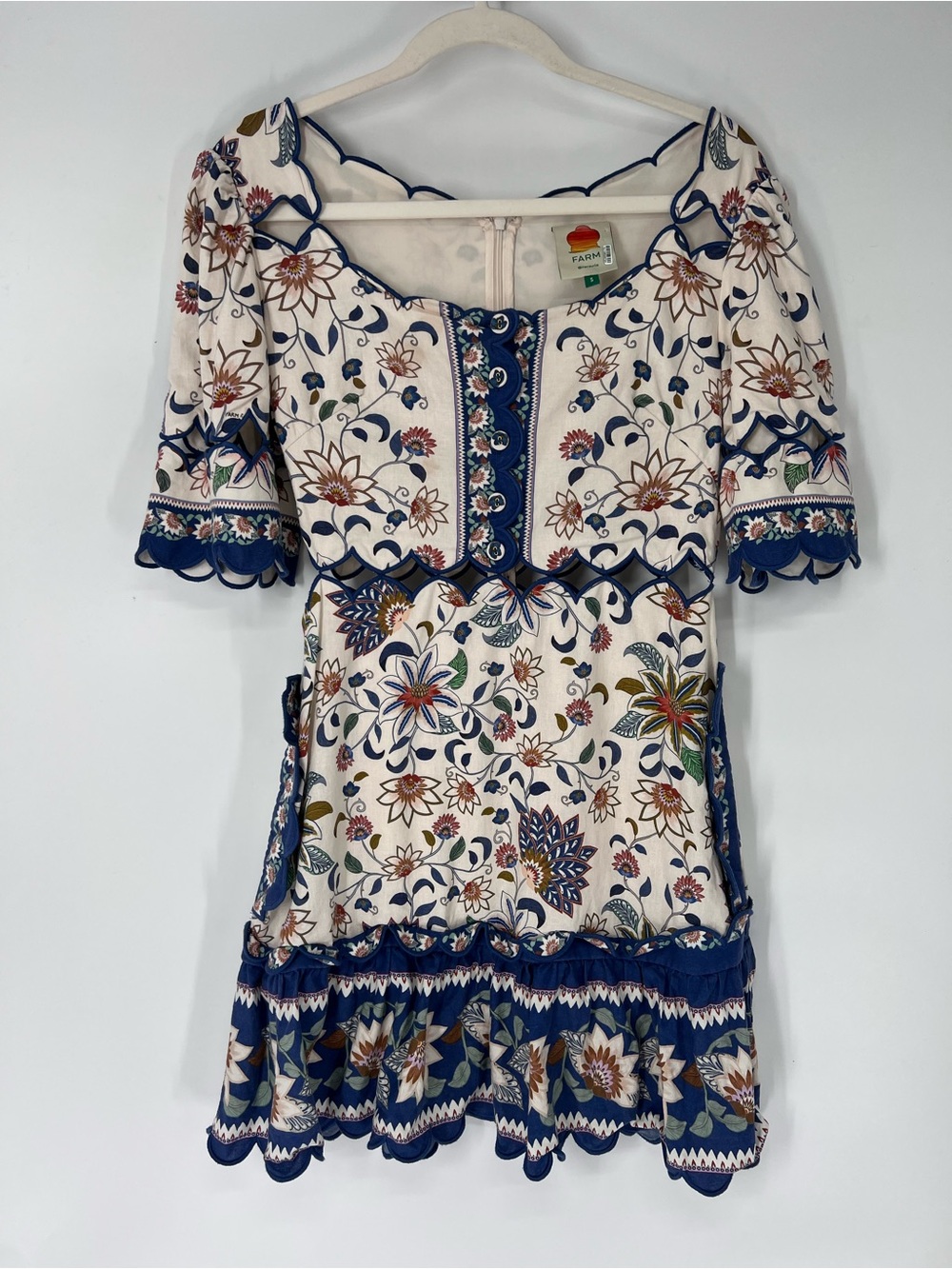 FARM Rio Blue Cream Floral Tropical Cut Out Short Sleeve Scalloped Mini Dress S